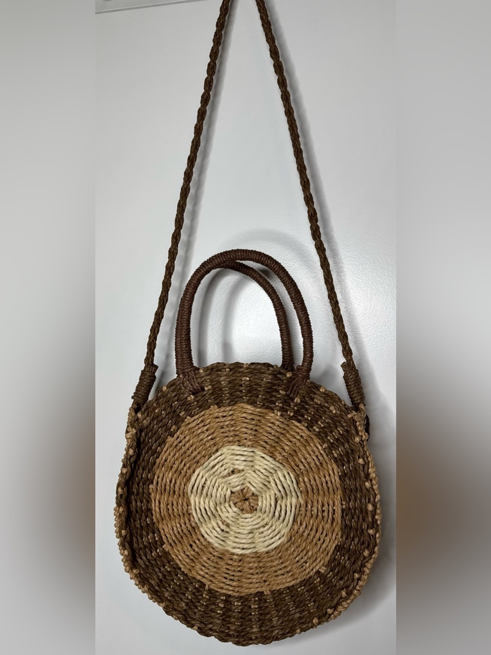Handwoven wicker Round circular Straw Tote Bag Natural & Brown crossbody zipper